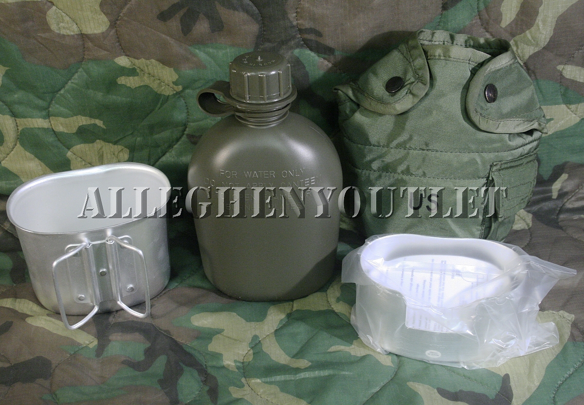 Military 4Pc 1 Quart PLASTIC CANTEEN SET w 1QT COVER, ALUMINUM CUP