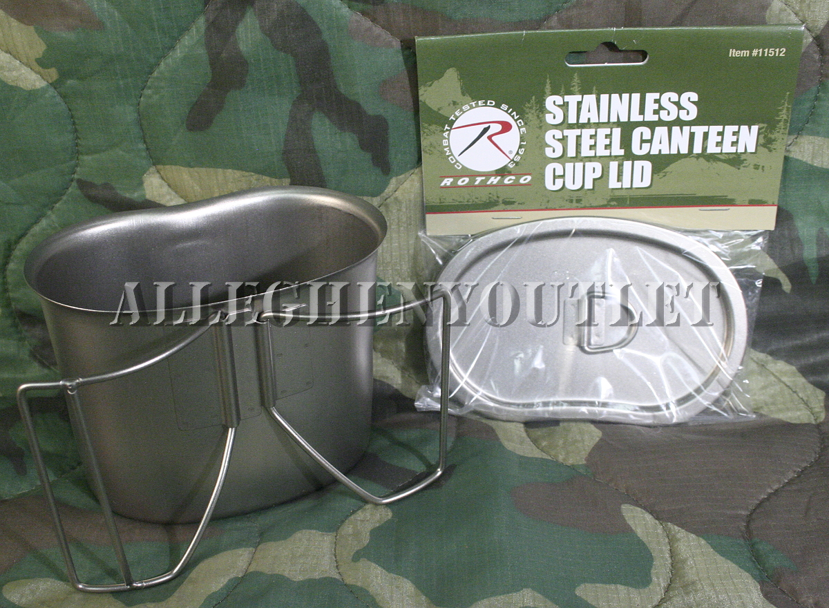 GI Style Stainless Steel Canteen Cup w/ Lid Metal Military Camping